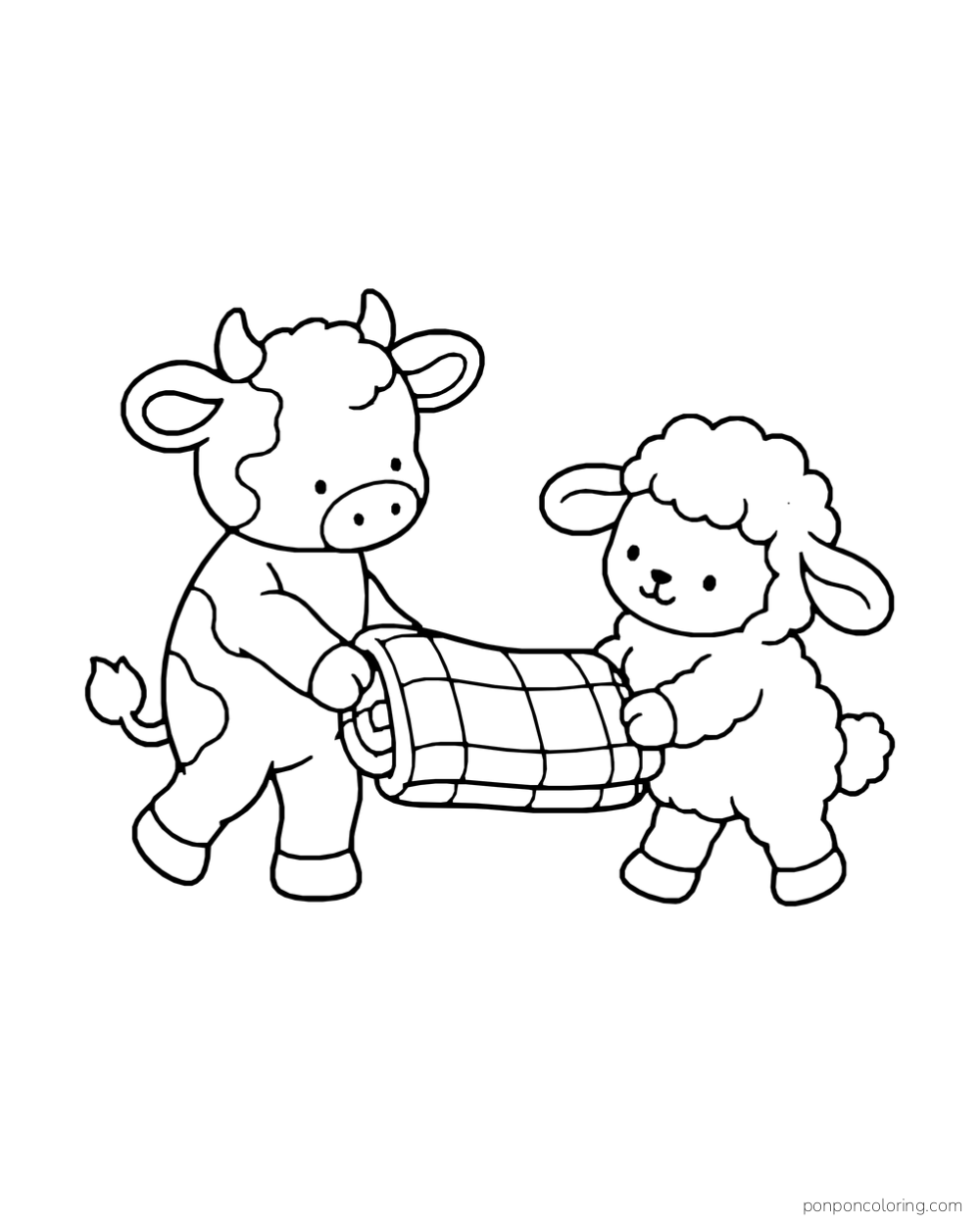 A calf and lamb carry a rolled checkered blanket together.