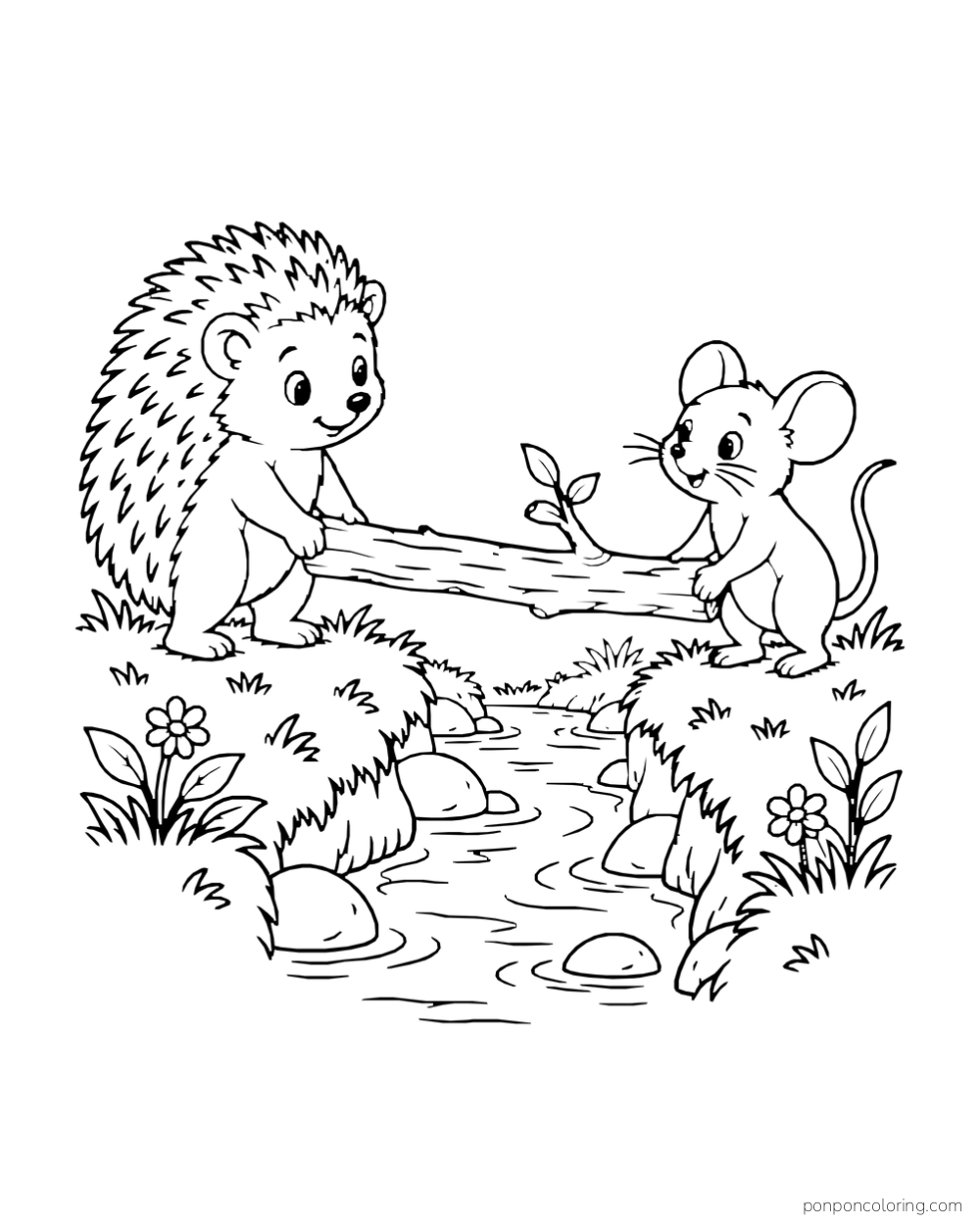 A hedgehog and mouse hold opposite ends of a short branch above a narrow stream.