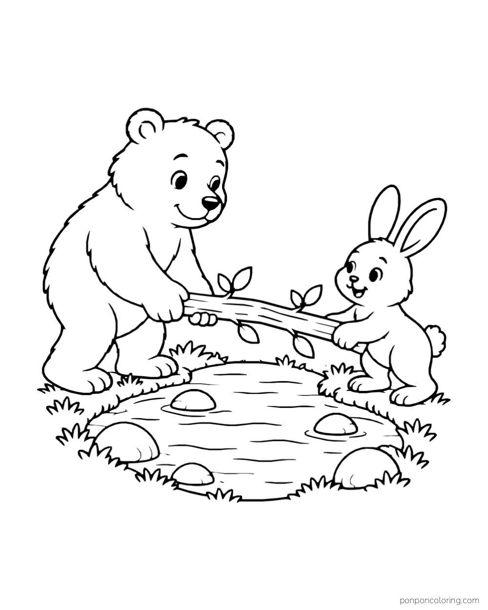 A bear and rabbit carry opposite ends of a leafy branch above a little enclosed stream.