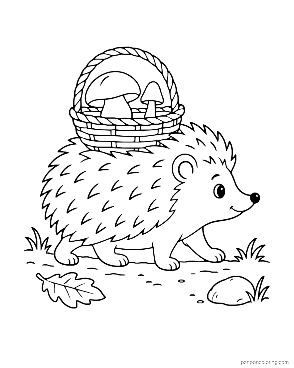 A low hedgehog walks with a mushroom basket resting on its spiny back.