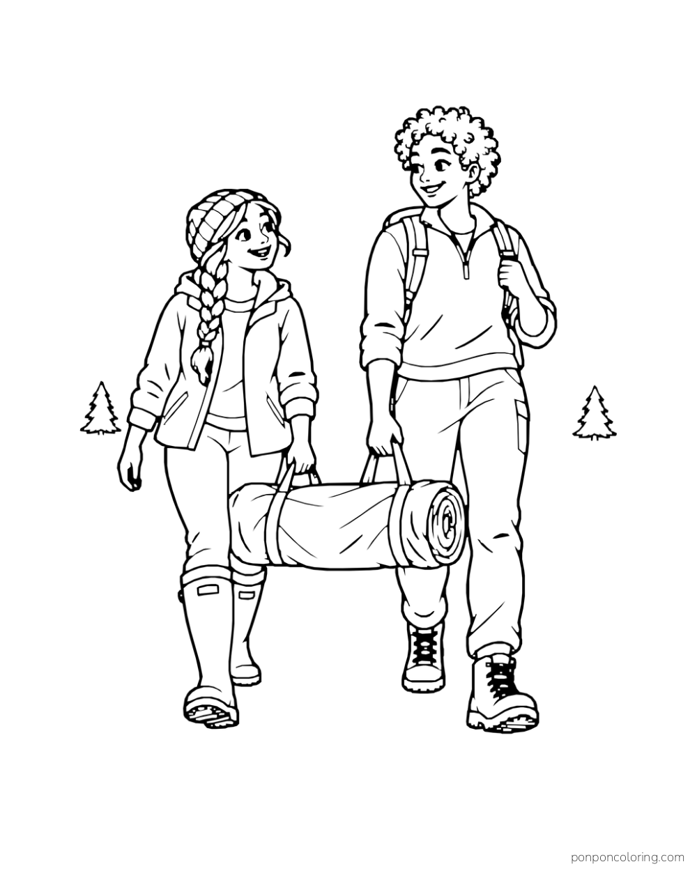 Two campers carry a rolled tent along a path between pine trees.