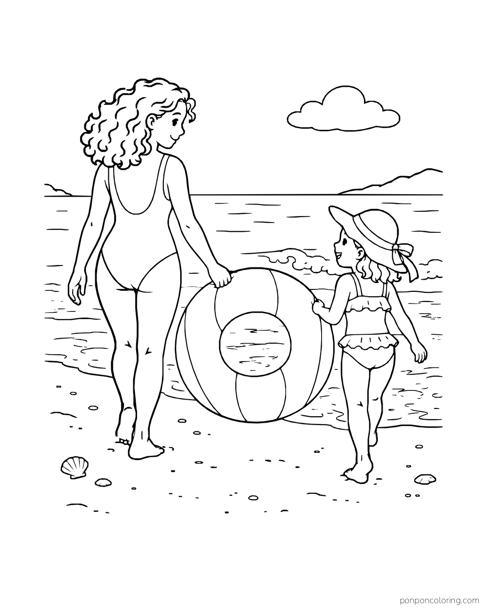 An adult and child carry a striped swim ring toward shallow water.