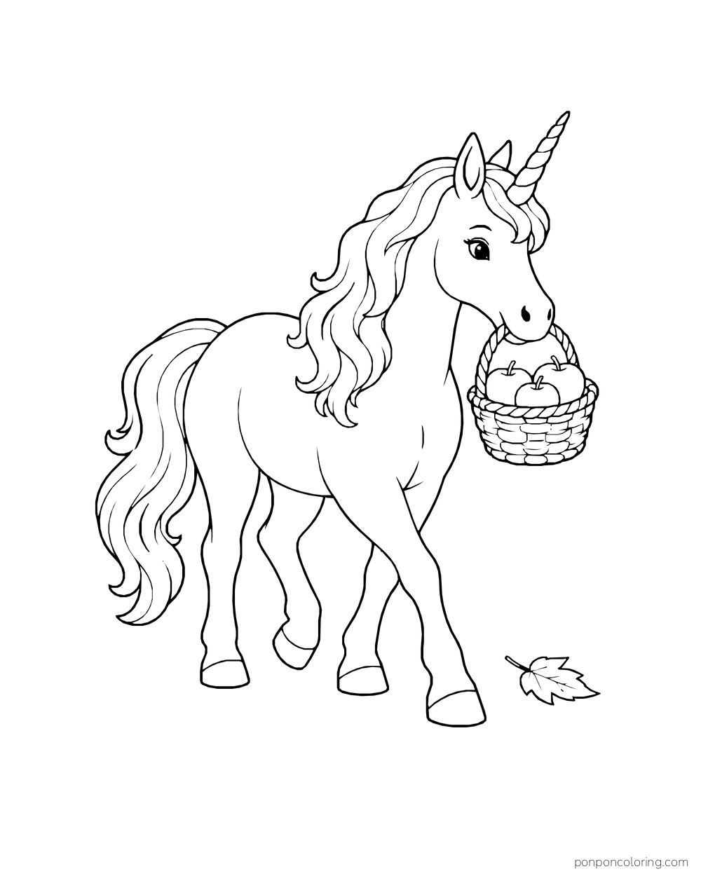 A unicorn carries a woven basket of apples, with a fallen leaf by its hooves.