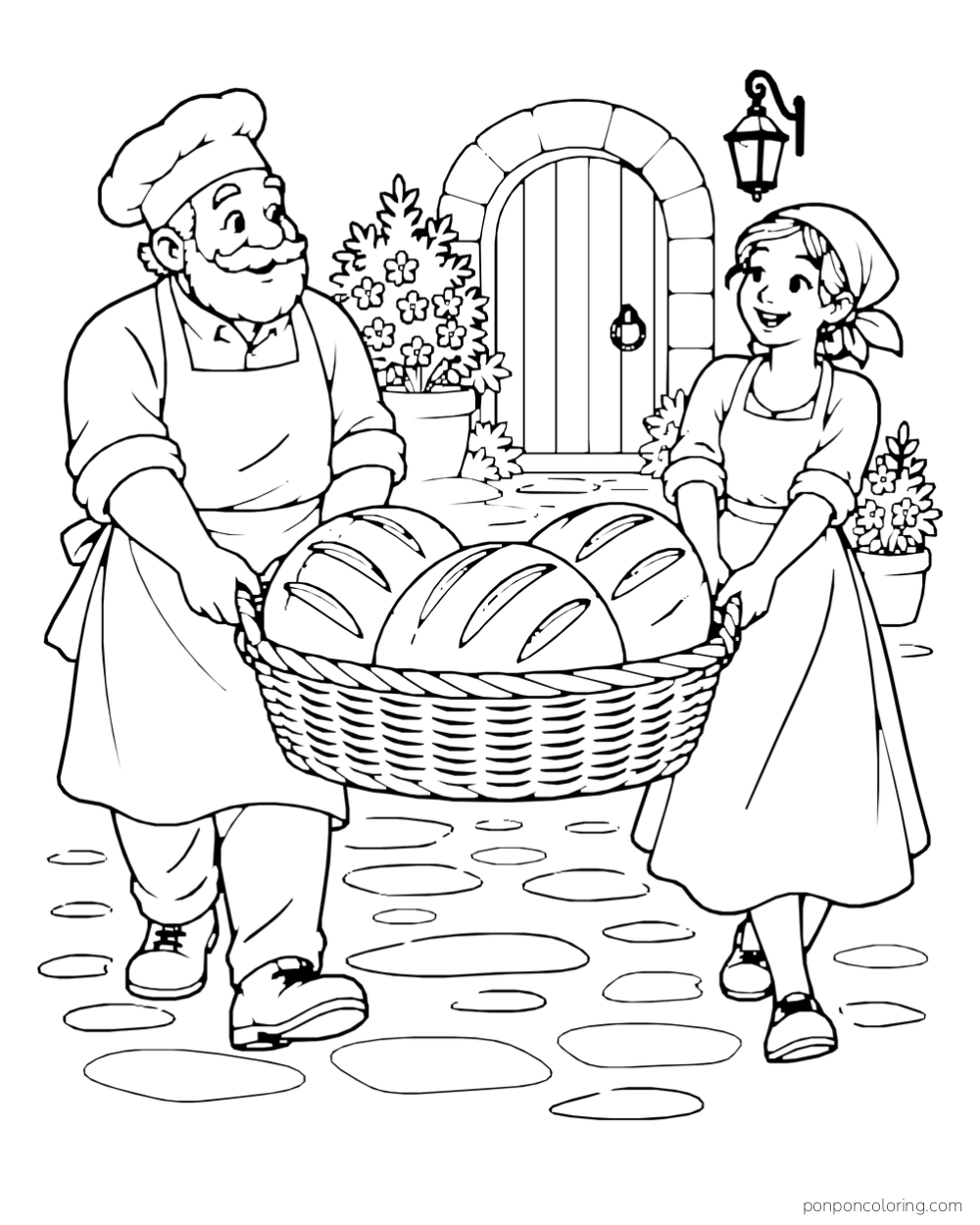 Two adults carry a basket holding several large loaves through a courtyard near an arched door.