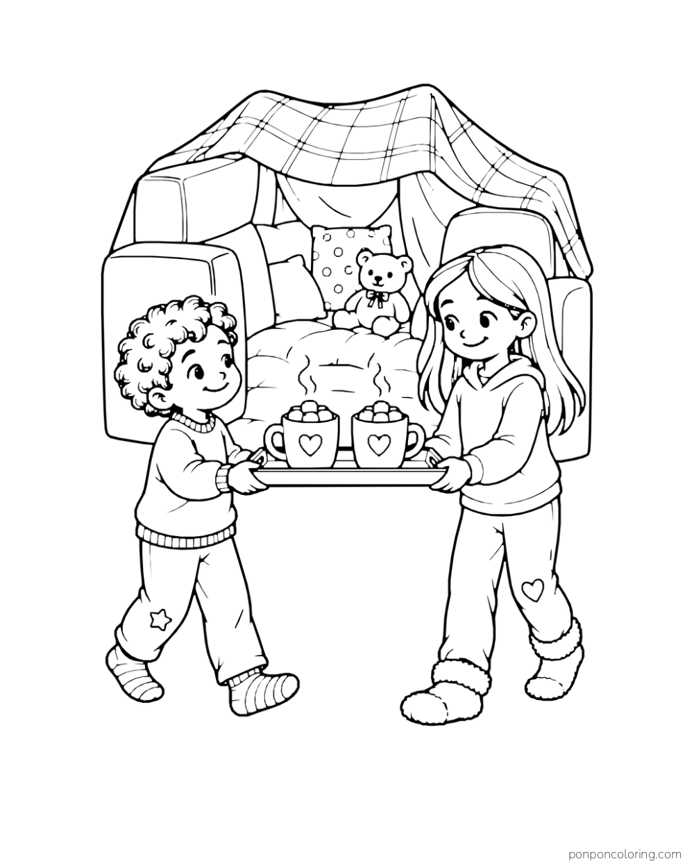 Two children carry a tray with two cocoa mugs toward a blanket fort on a sofa.