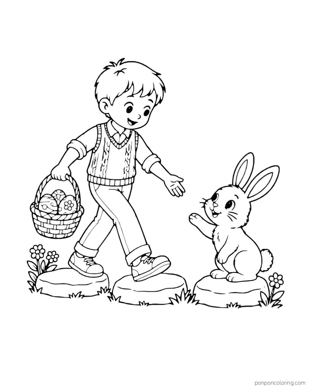 A boy in a knitted vest carries a basket of decorated eggs across stepping stones toward a rabbit.