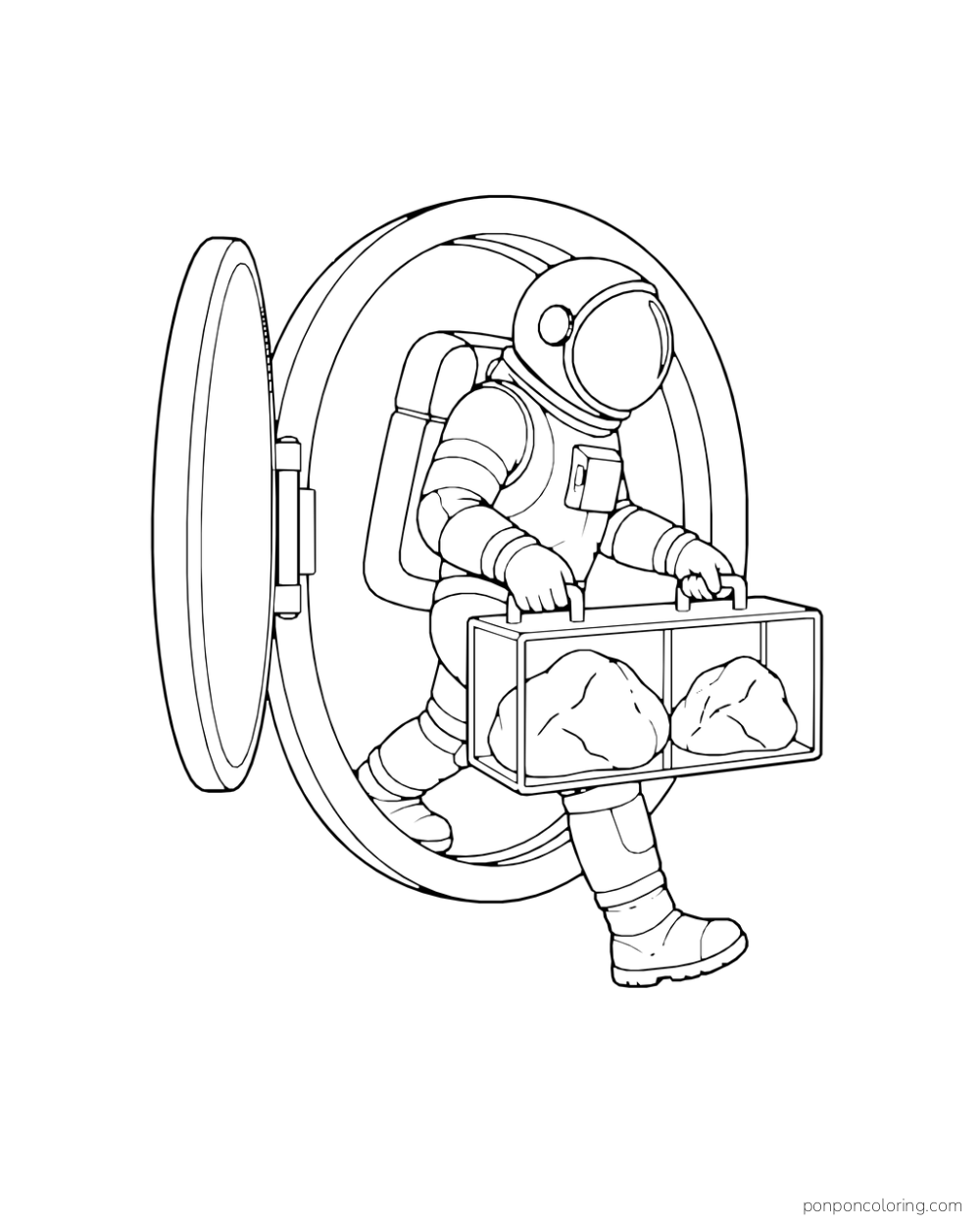 An astronaut carries a box of two rocks through a round airlock.