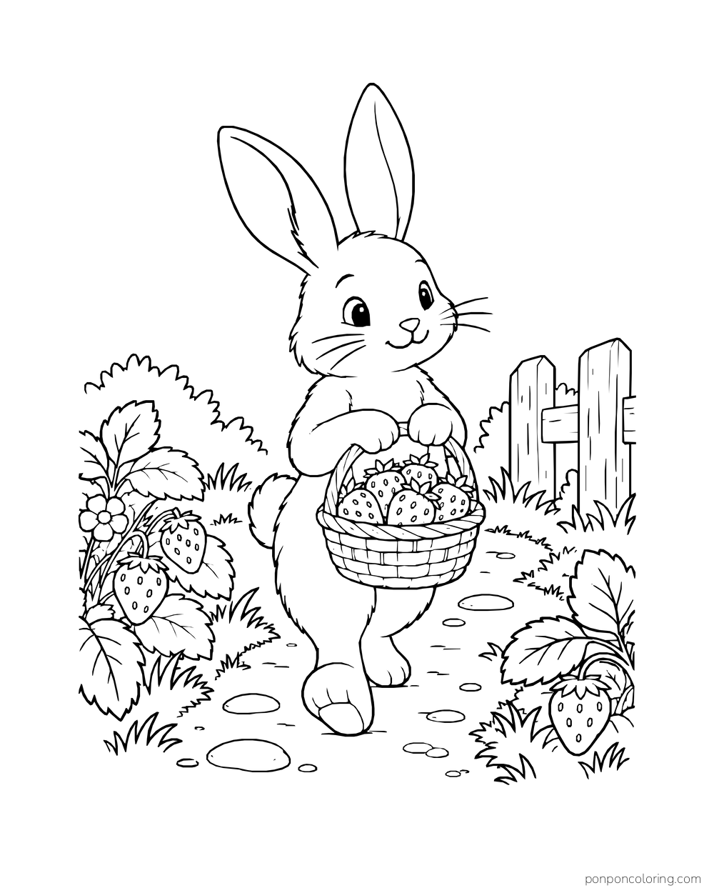 A rabbit carries a basket of strawberries along a short garden path between low plants.