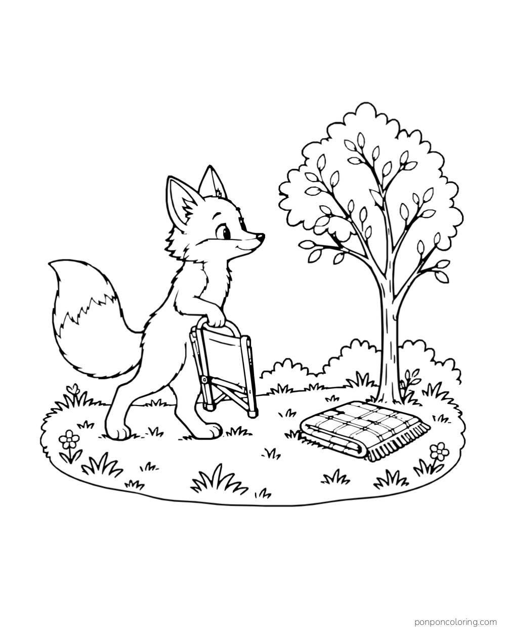 A fox carries a folded chair toward a small tree and a folded blanket.