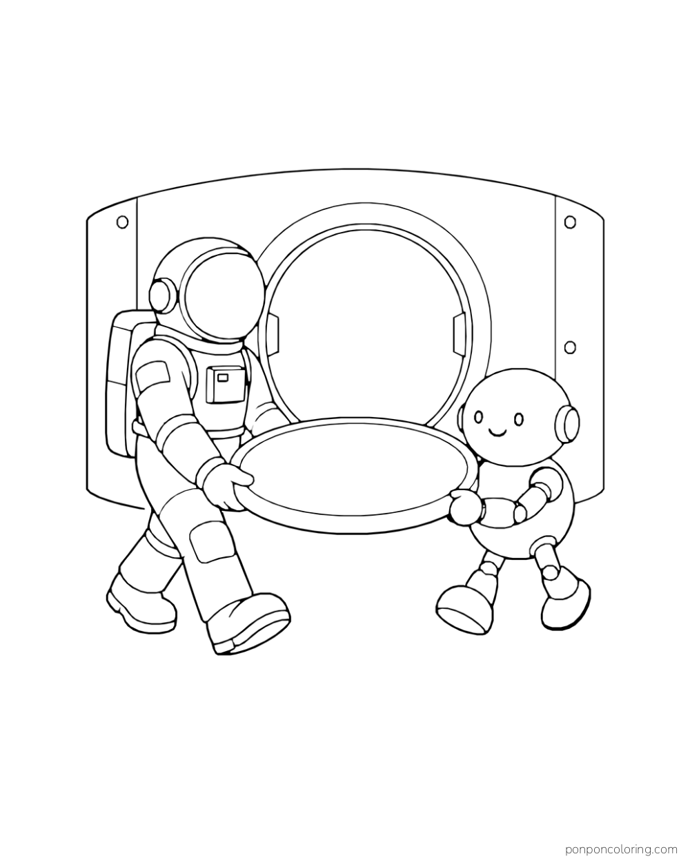 An astronaut and a small robot carry a large circular hatch together.