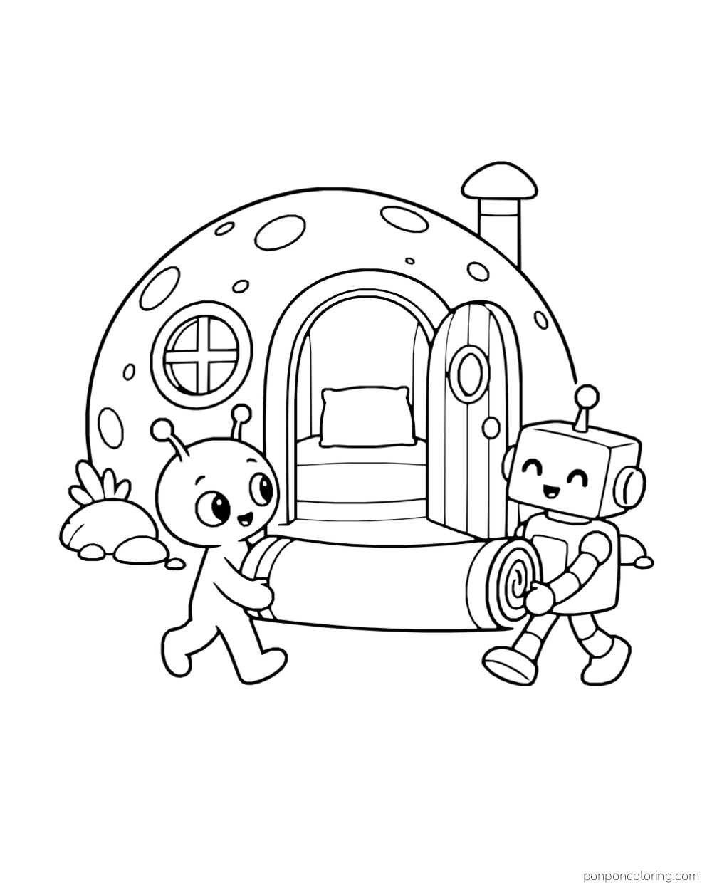 A round alien and a small robot carry a rolled rug toward a cottage.