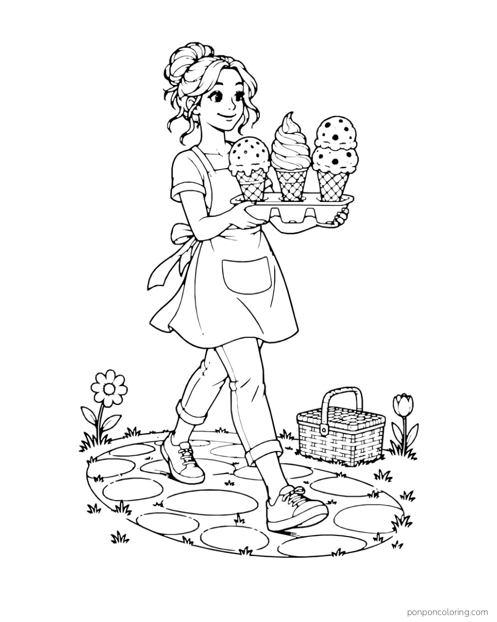 A person carries a holder with three different ice cream cones along a garden path.