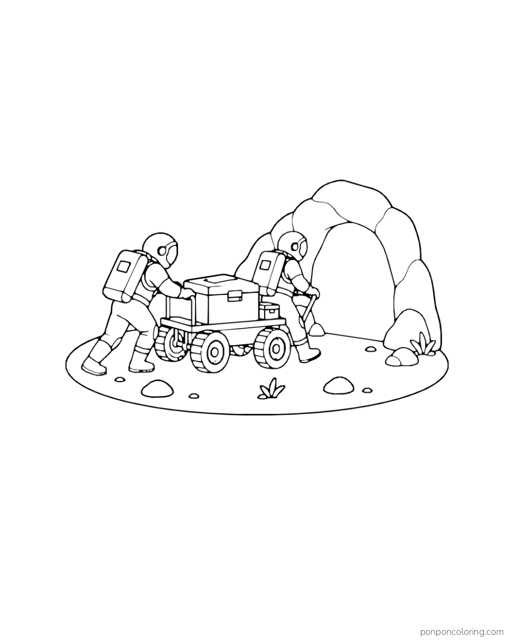 Two astronauts push a research cart toward a rounded cave entrance.
