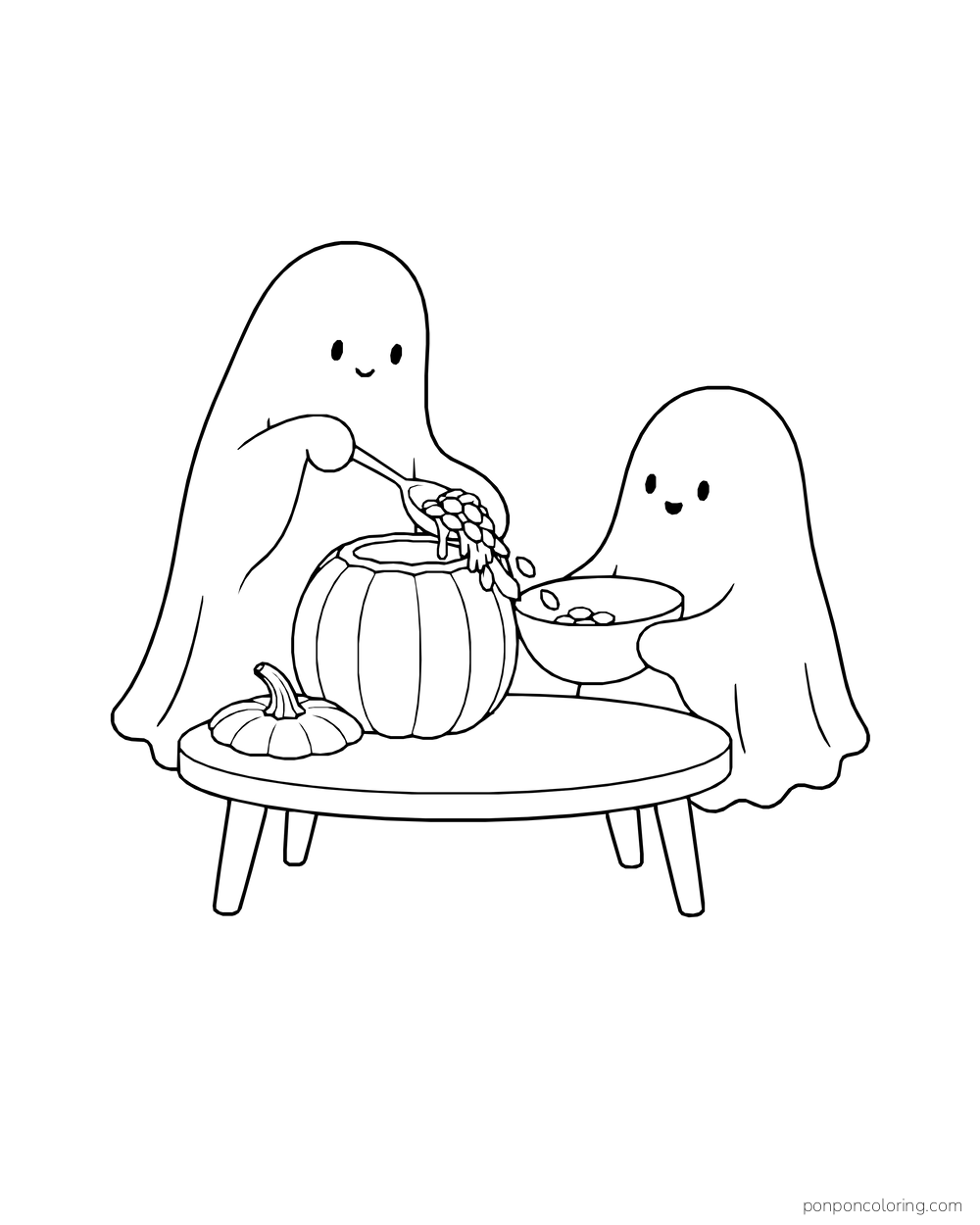 Two ghosts work on a pumpkin at a low table.