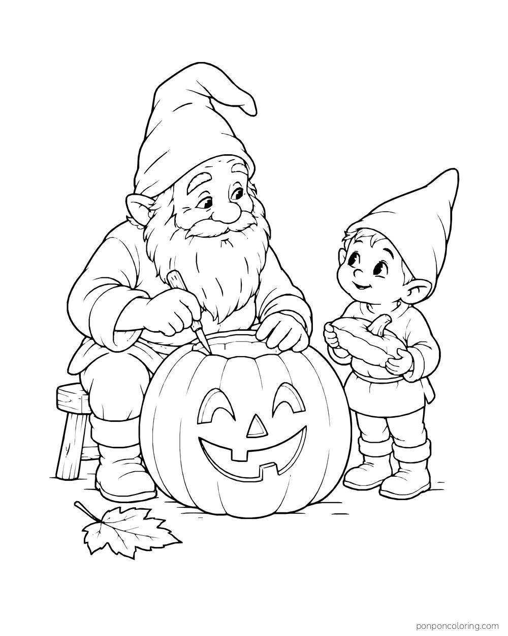 Older gnome carving a smiling face in a large pumpkin while a younger gnome watches with the lid.