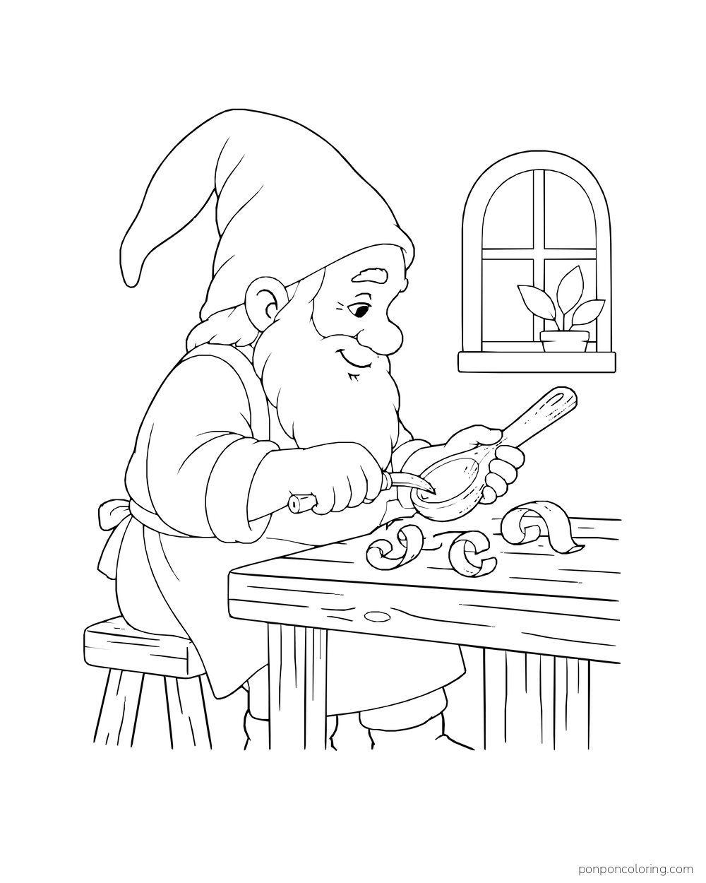 Gnome carving a wooden spoon at a workbench with a few large wood curls nearby.