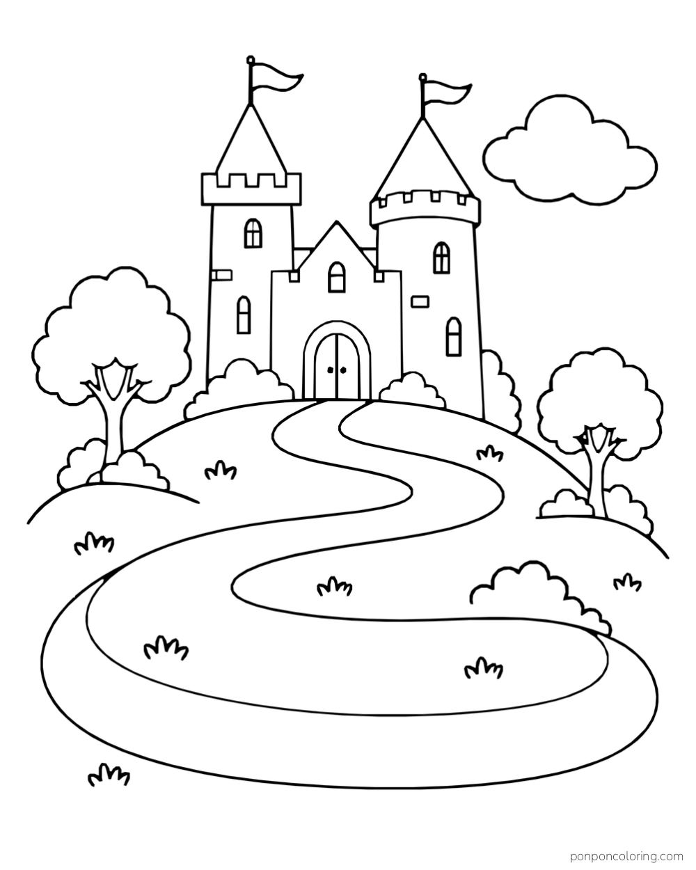 A two-towered castle on a hill above a wide winding path, with trees and a cloud.