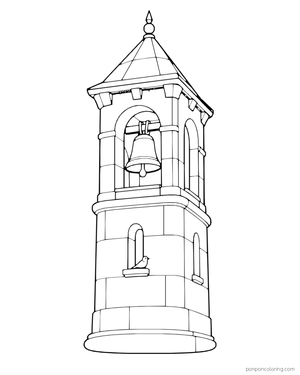 A tall stone bell tower with a large hanging bell and a small bird on a lower ledge.