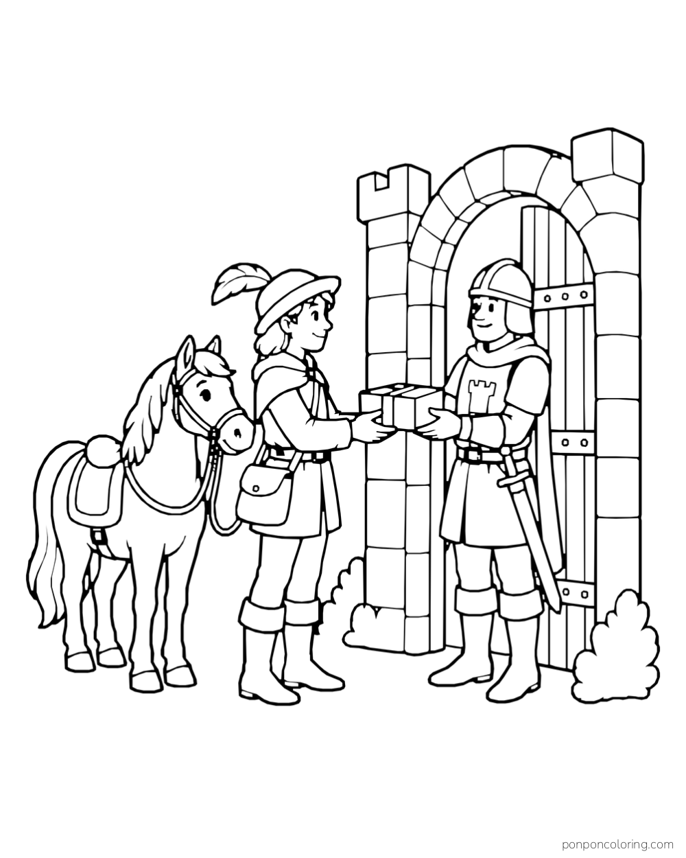 A courier with a pony hands a small parcel to a guard at an open castle side gate.