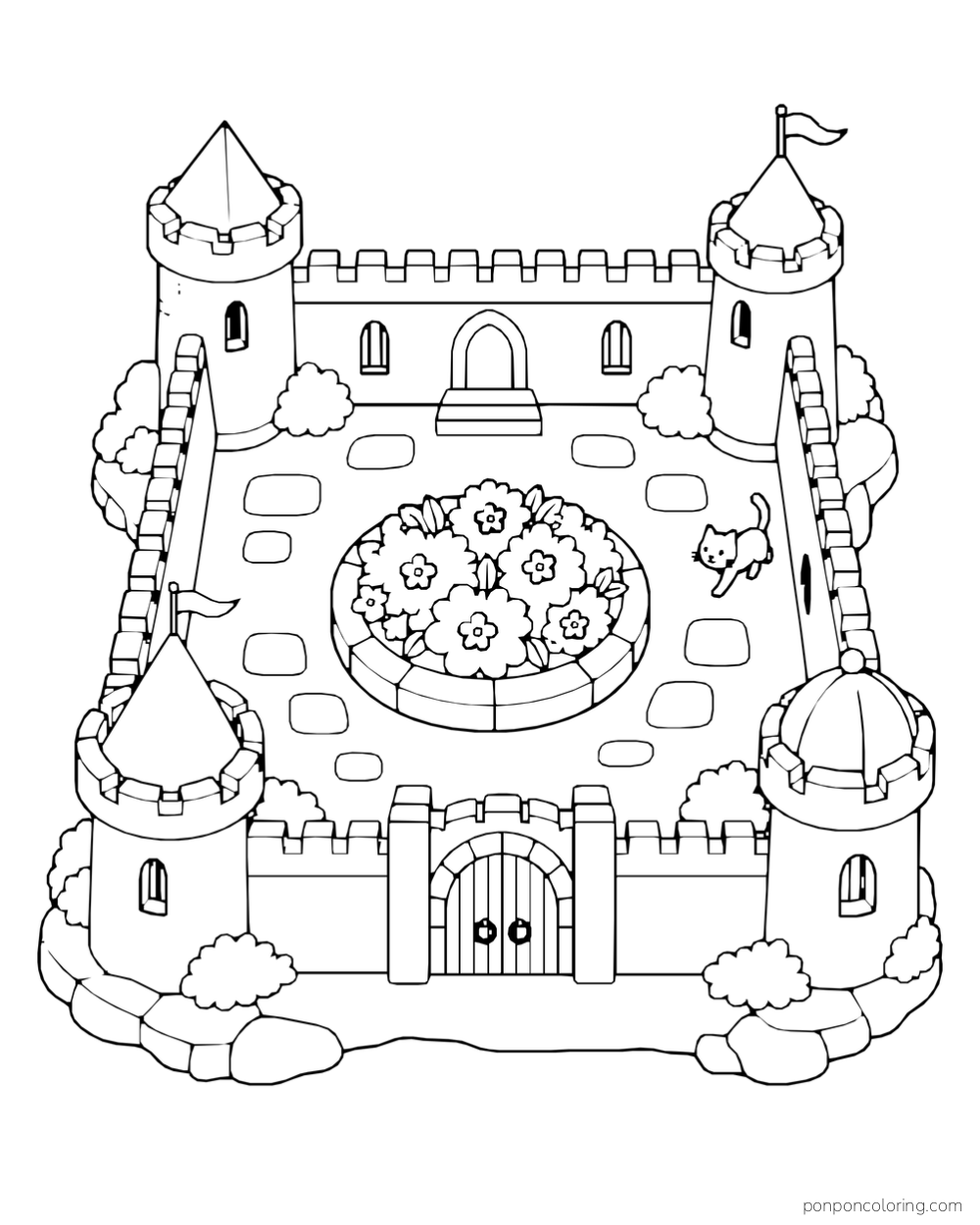 An overhead view of a four-towered castle courtyard with a round flower bed, stone paths, and a small cat.