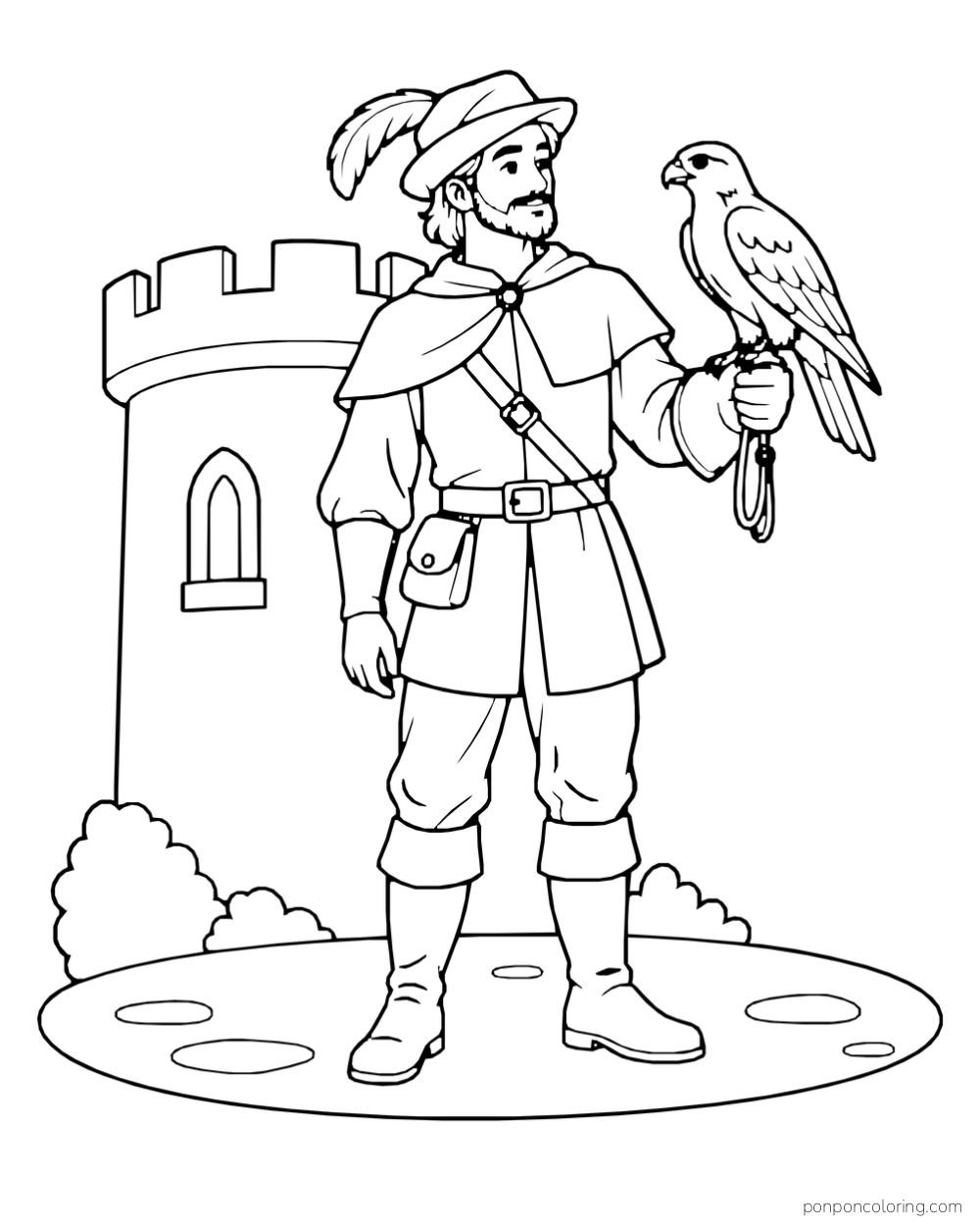 A man holding a bird on a gloved hand beside a crenellated castle tower.