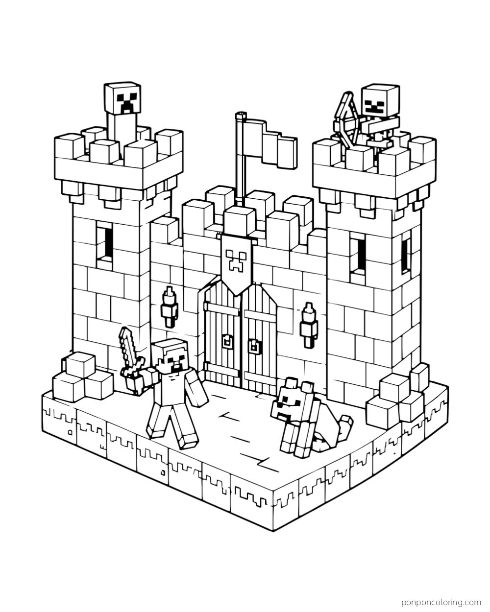 Steve and a wolf stand before a castle gate while a creeper and skeleton occupy its towers.
