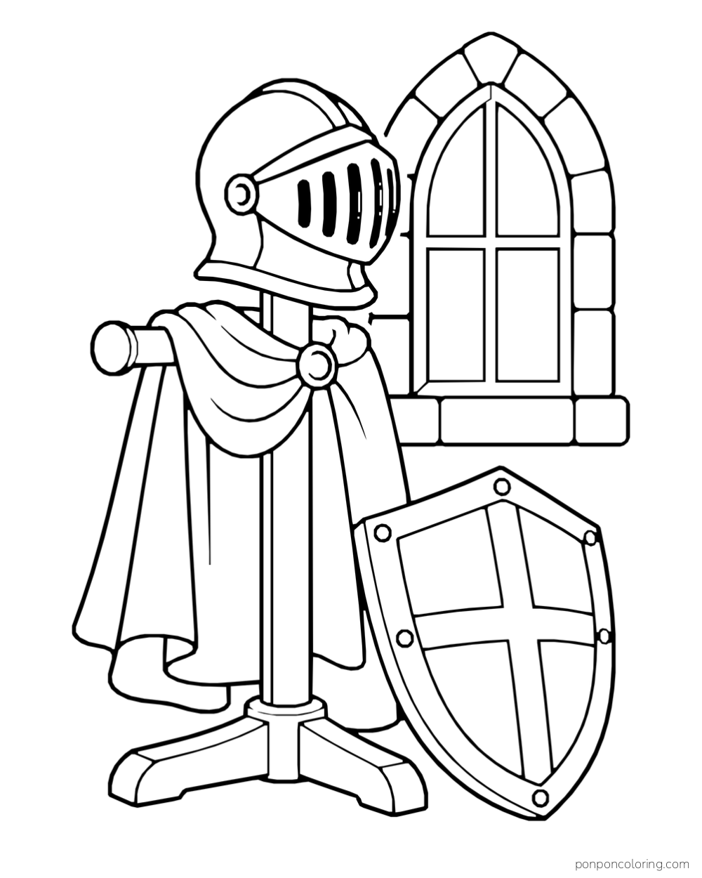 A helmet and cape displayed on a stand beside a shield and a pointed castle window.