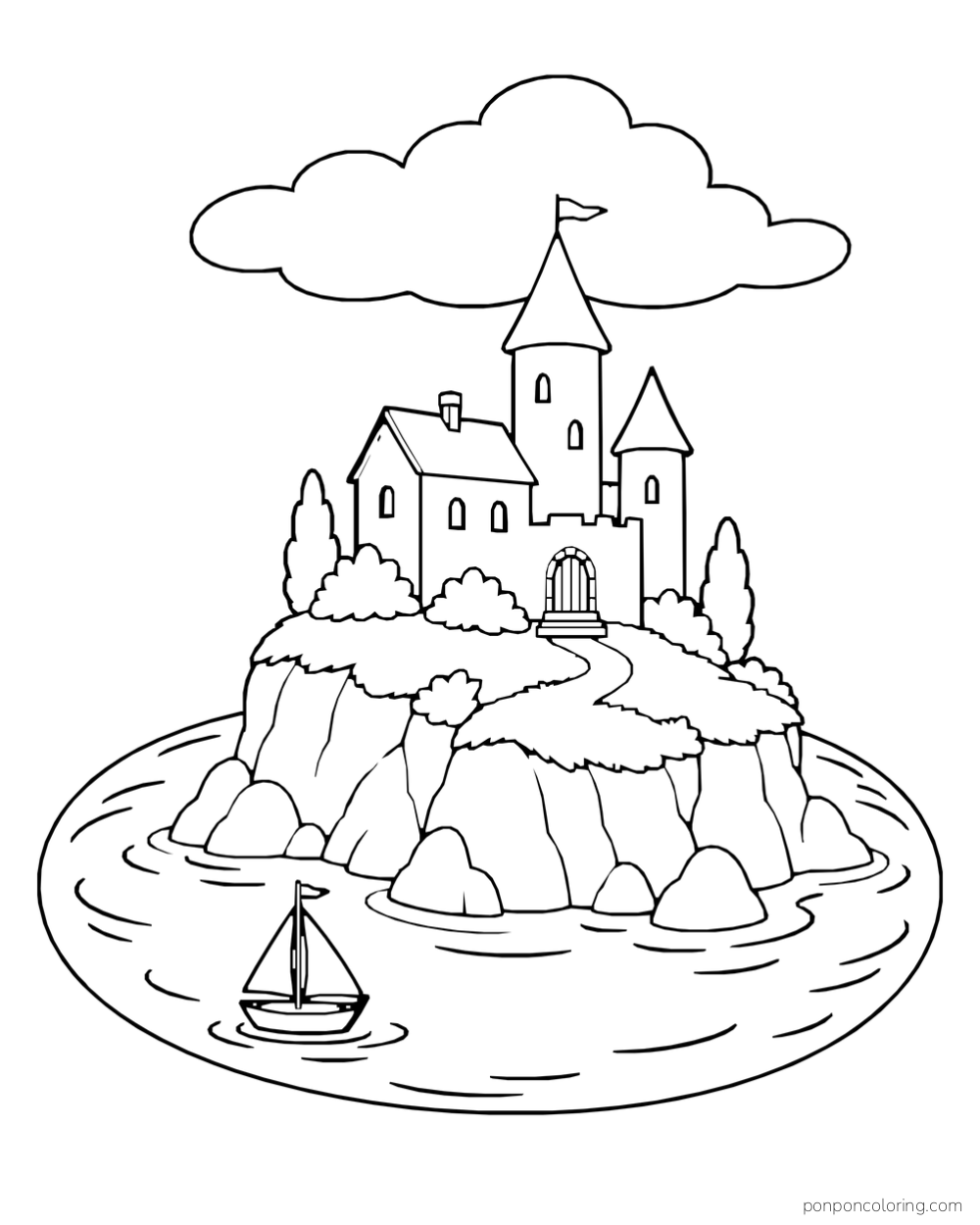 A castle on a rocky island above a ring of water, with a small sailboat below and a cloud overhead.