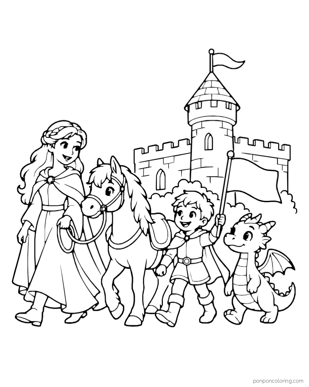 An adult leads a pony through a castle courtyard while a child carries a flag and a little dragon walks alongside.