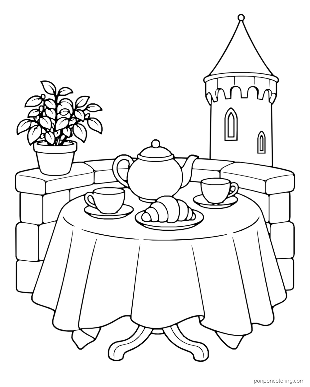 A rooftop table set with a teapot, two cups, and a pastry beside a potted plant and castle tower.