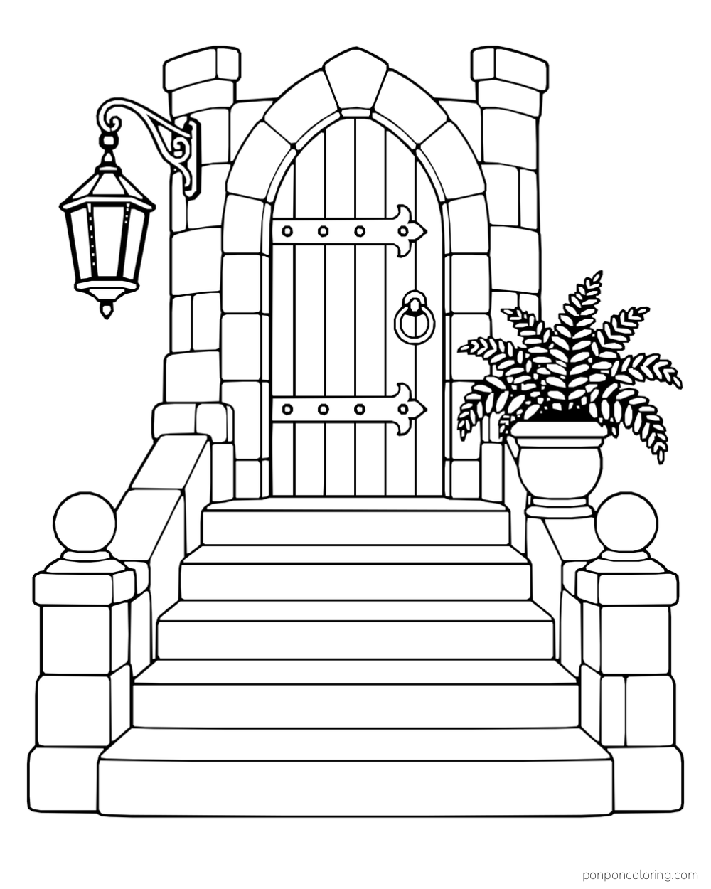 Stone steps lead to an arched castle door beside a hanging lantern and a potted fern.