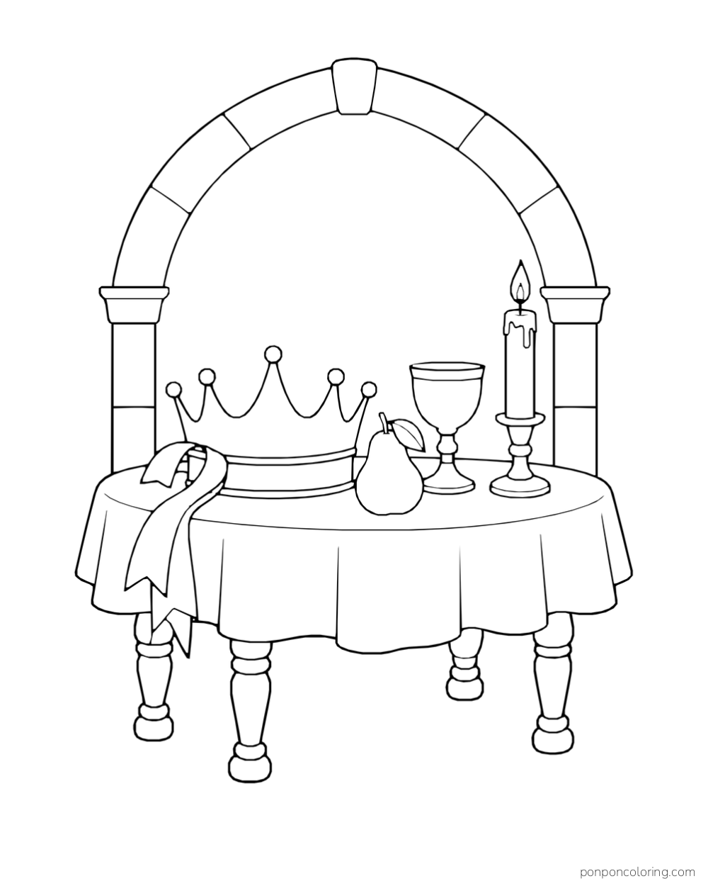 A round table under a stone arch holding a crown, pear, goblet, and lit candle.