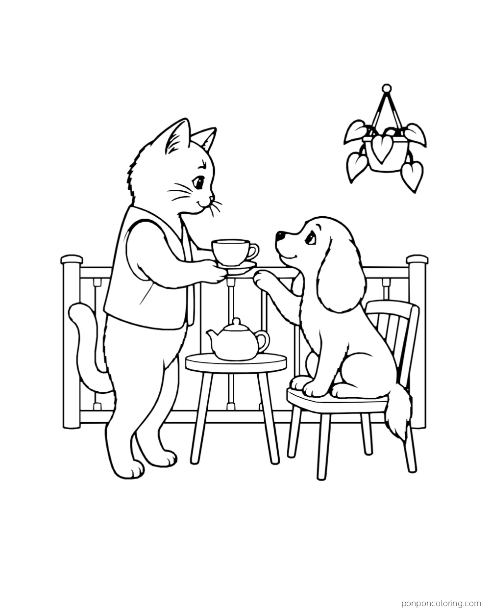 Cat offers a cup to a dog seated at a tiny balcony table with a teapot.