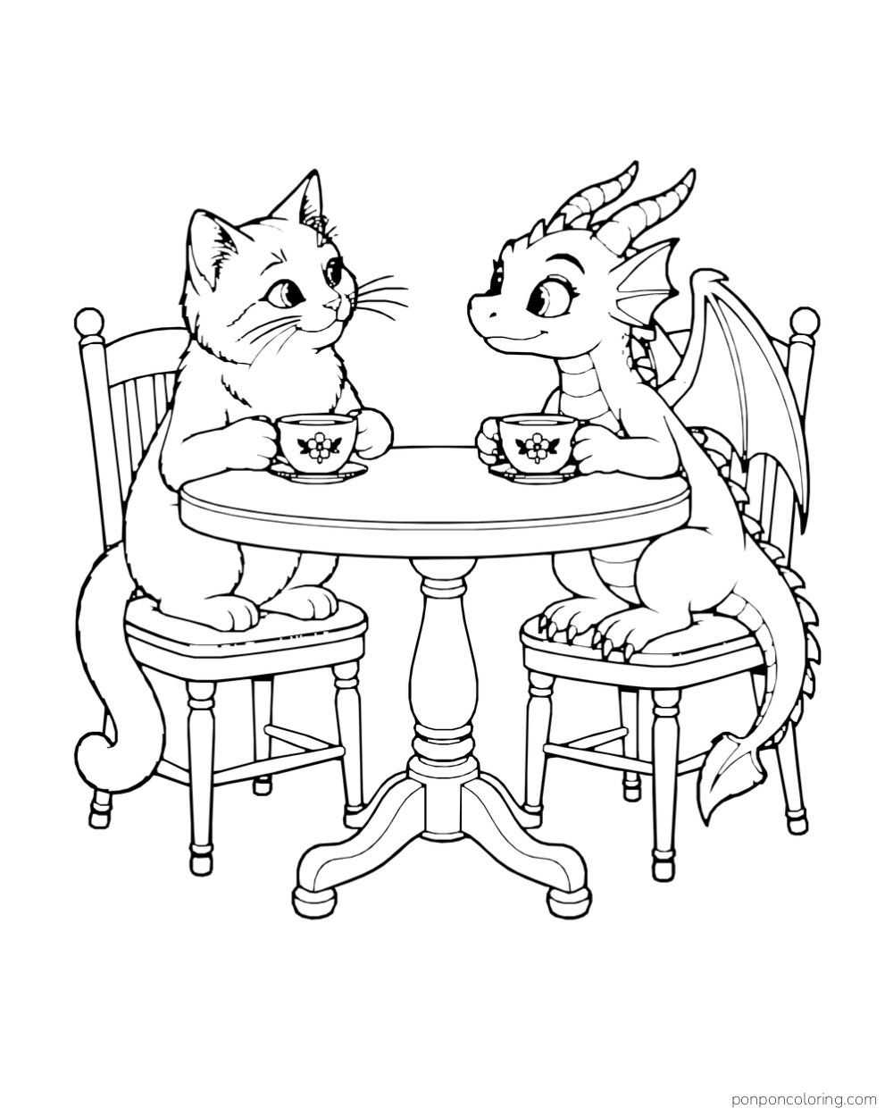 A cat and a friendly dragon sit on two chairs at a round table with two teacups.