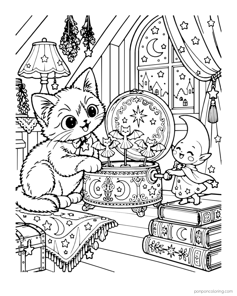 A cat and smiling crescent sprite turn the handle of an ornate music box with three bat dancers in an attic beside books and a starry window