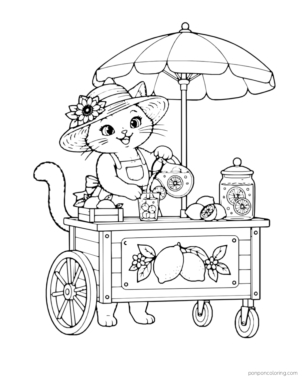 A cat wearing a sunhat pours lemonade at a wheeled cart with lemons and an umbrella.