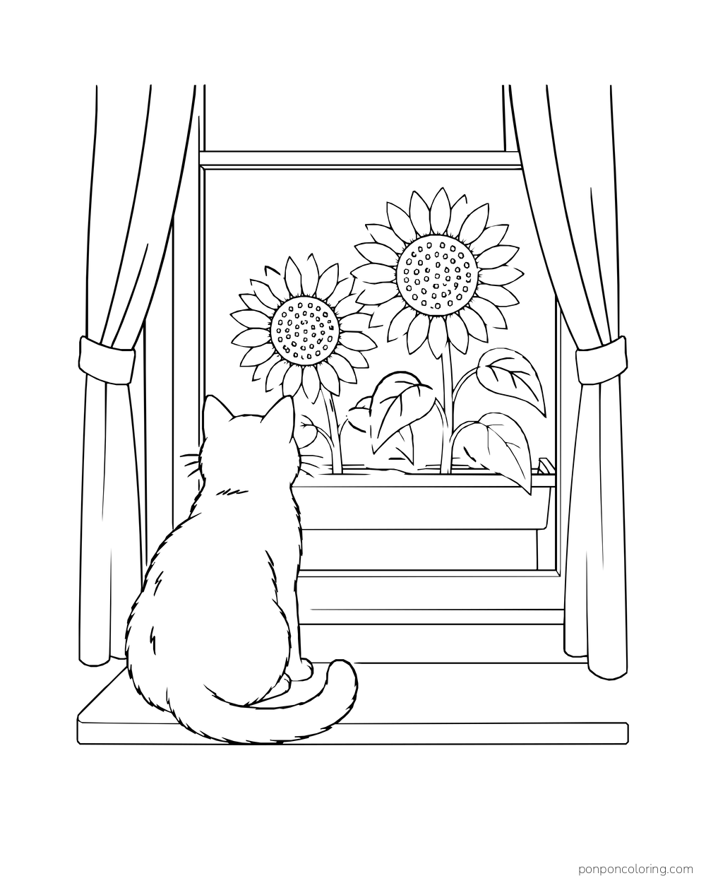 A cat on a windowsill looking out at two sunflowers in a window box.