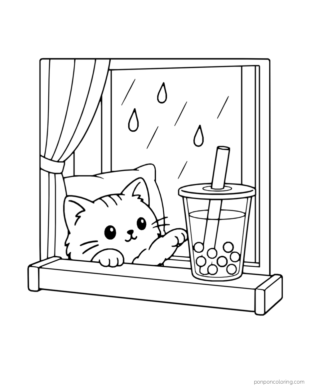 A cat peeks over a windowsill toward a boba cup while rain falls outside.