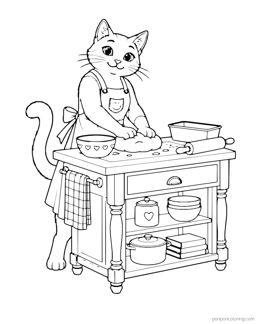 A cat in an apron kneads dough at a kitchen island with a bowl, loaf pan and rolling pin.