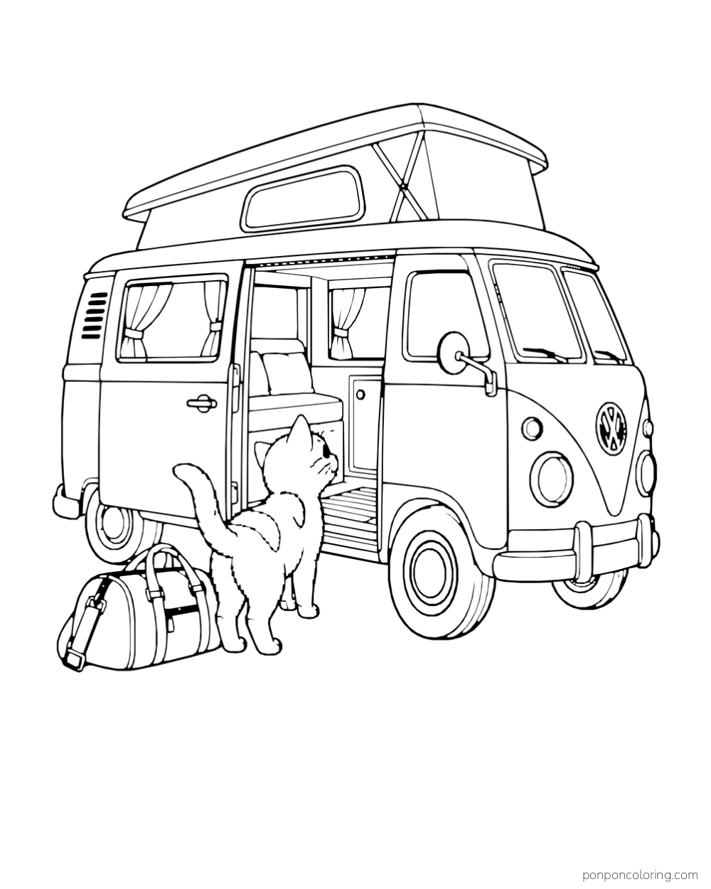 A cat stands beside an open camper van and a travel bag.