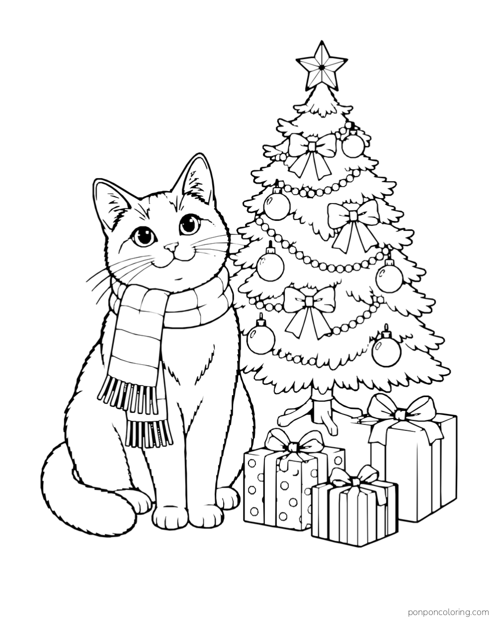 A cat in a scarf sits beside a decorated Christmas tree and wrapped gifts.