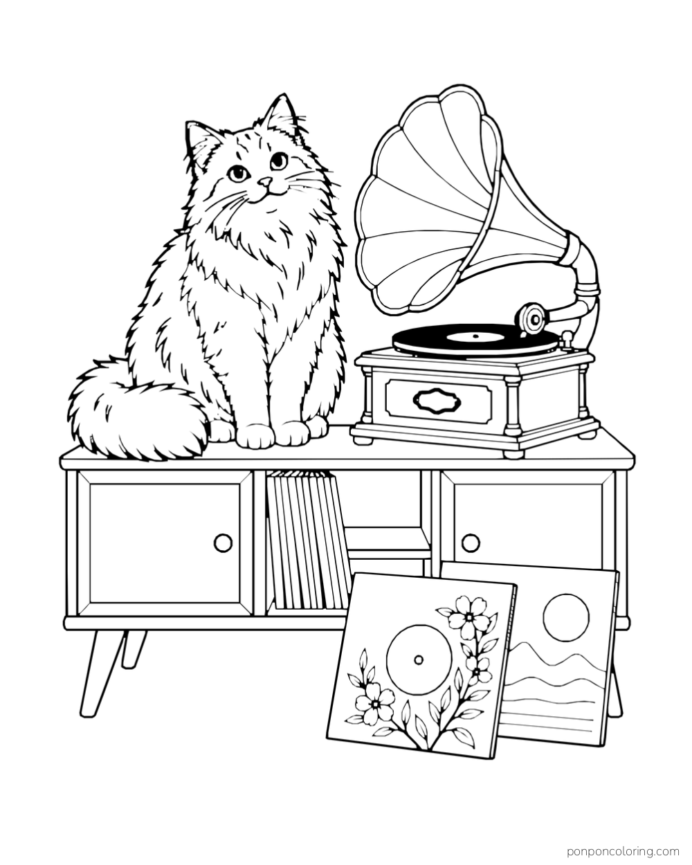 A fluffy cat sits on a cabinet beside a gramophone, records, and illustrated record sleeves.