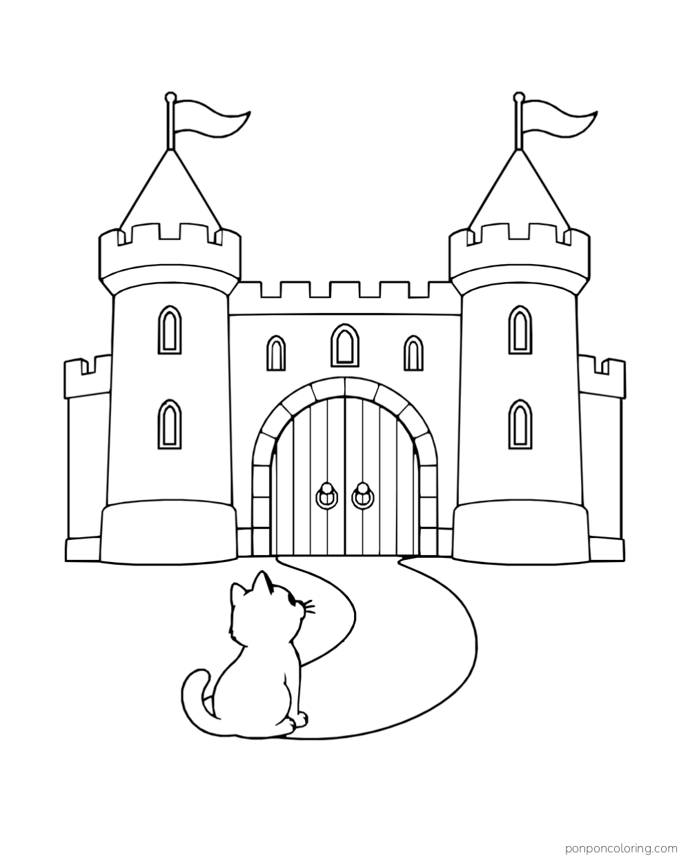 A cat sitting beside a winding path that leads to a castle gate between two flagged towers.