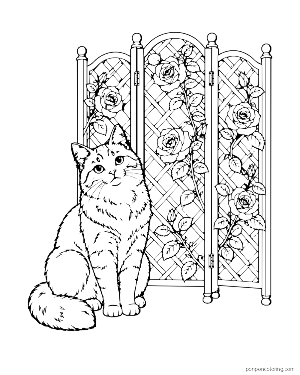 A fluffy cat sits beside a folding lattice screen decorated with roses.