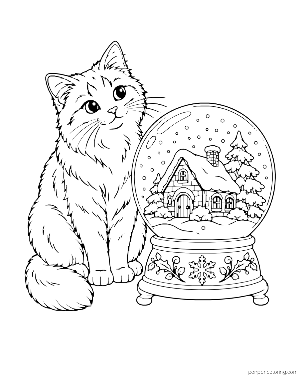 A fluffy cat sits beside a snow globe containing a snowy cottage.