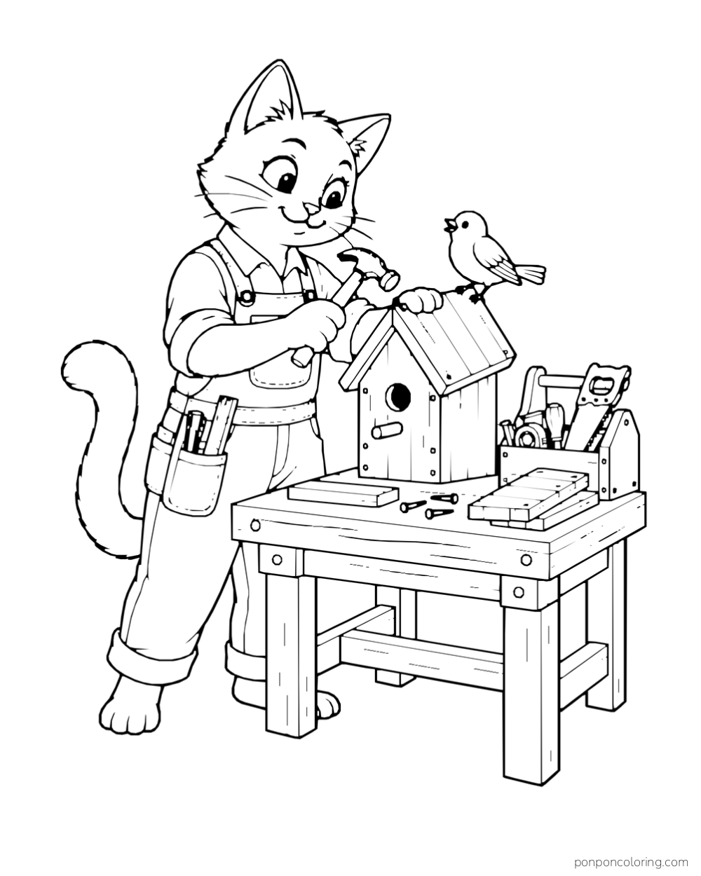 A cat works on a birdhouse at a workbench while a bird perches on its roof.