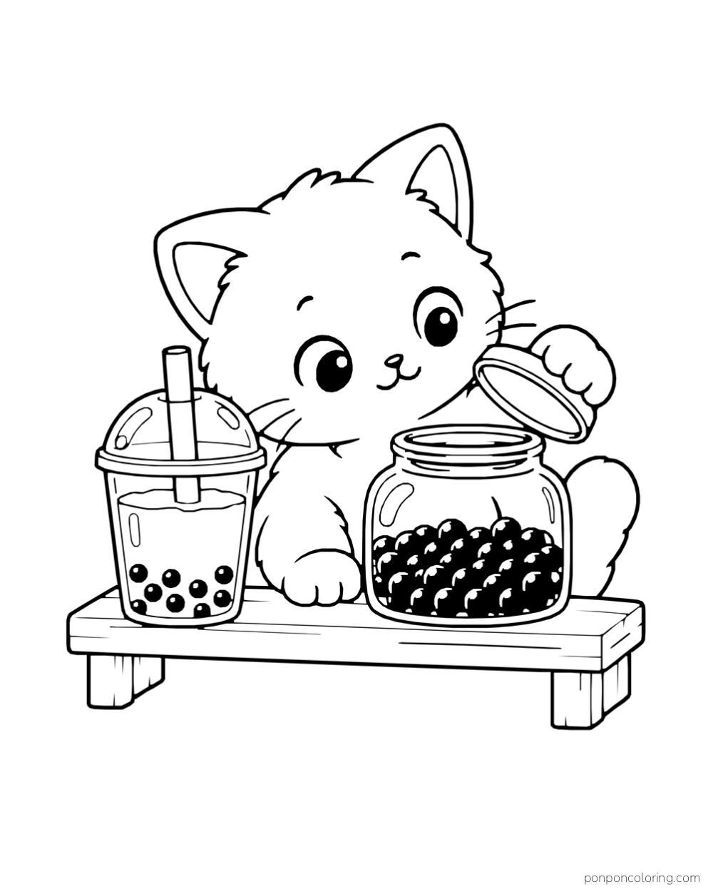 A cat reaches toward an open jar of pearls beside a prepared boba cup.