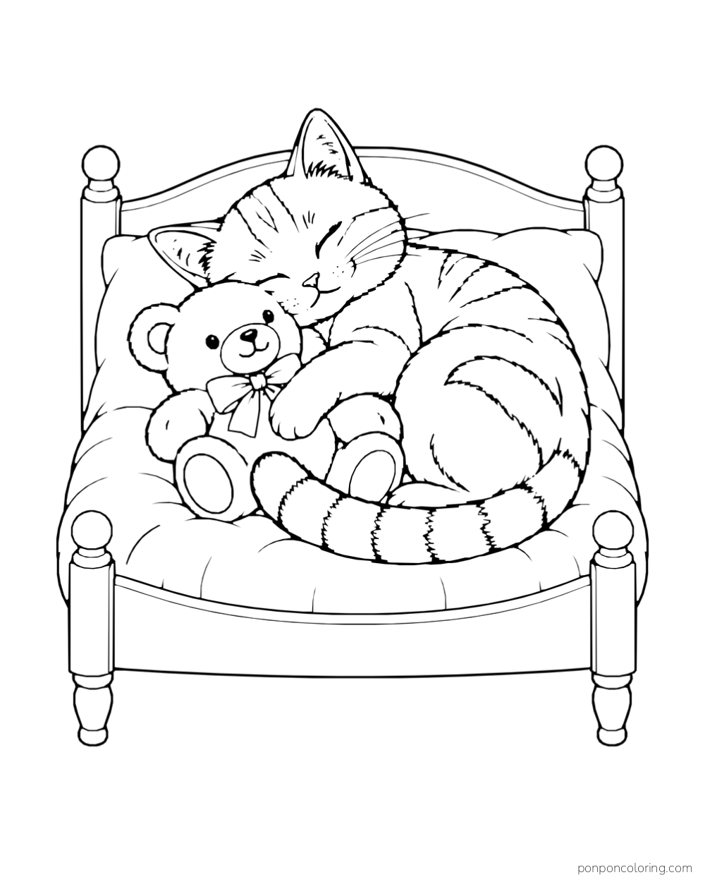 A cat sleeps with a teddy bear on a small wooden bed.