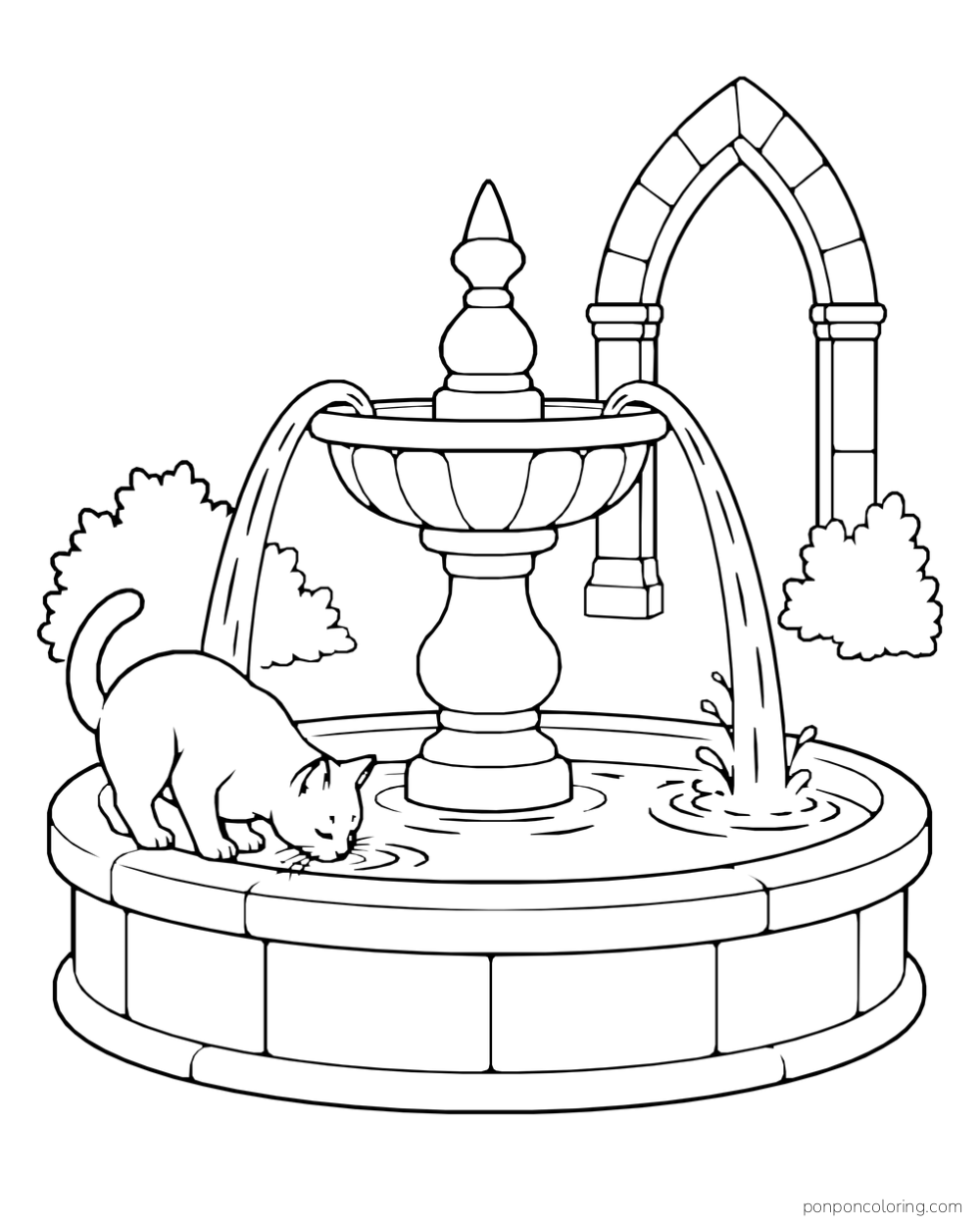 A cat drinking from the basin of a round courtyard fountain with two streams of water and a pointed arch behind it.