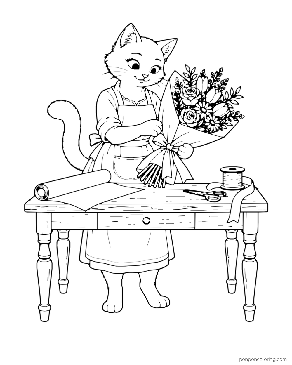 A cat wraps a bouquet at a table with paper, scissors and ribbon.